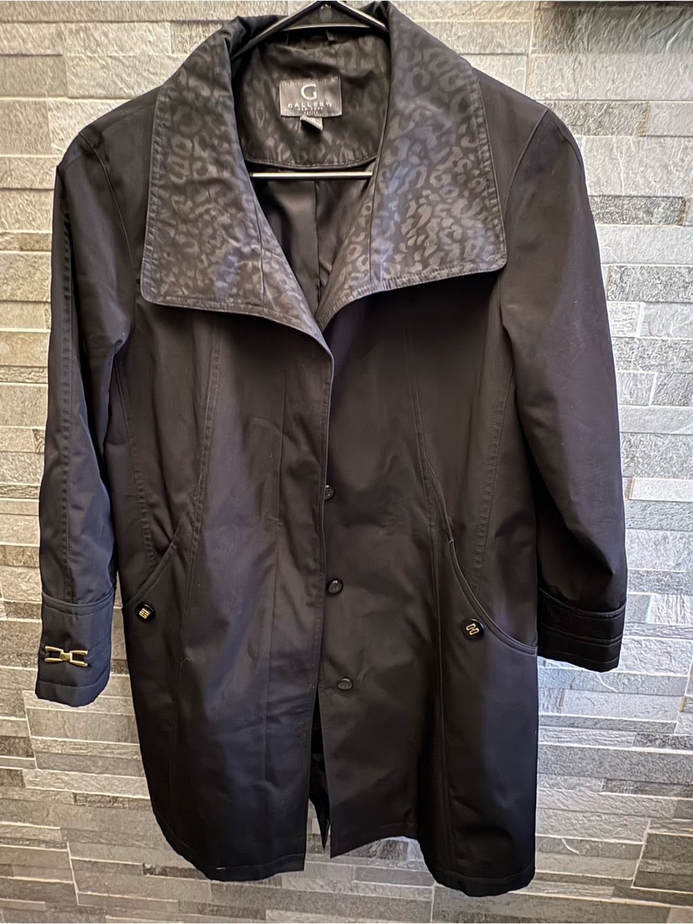 Gallery Black Trench Coat with Subtle Leopard-Print Collar